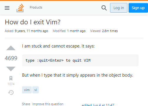 StackOverflow question: How do I exit Vim?