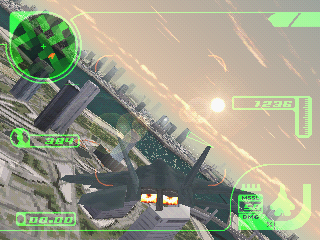 AC01.BMP – a screenshot from an alpha version of Ace Combat 3: Electrosphere, showing the F-22C flying over Expo City
