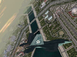 AC12.BMP – a screenshot from an alpha version of Ace Combat 3: Electrosphere, showing the F-22C flying over Expo City
