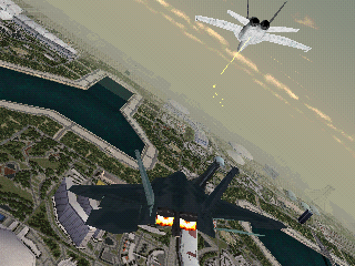 AC13.BMP – a screenshot from an alpha version of Ace Combat 3: Electrosphere, showing the F-22C and the EC-17U flying over Expo City