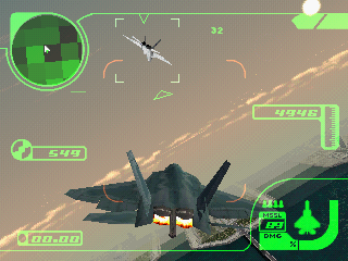 AC14.BMP – a screenshot from an alpha version of Ace Combat 3: Electrosphere, showing the F-22C and the EC-17U flying over Expo City