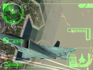 AC23.BMP – a screenshot from an alpha version of Ace Combat 3: Electrosphere, showing the F-22C flying over Expo City