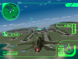 10.BMP – a screenshot from a beta version of Ace Combat 3: Electrosphere, showing the F-16XF flying over Comona Island
