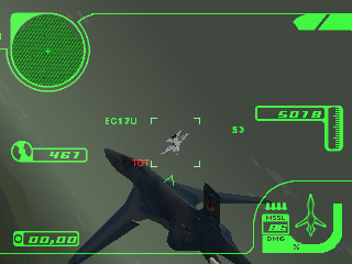 22.BMP – a screenshot from a beta version of Ace Combat 3: Electrosphere, showing the R-101 dogfighting an EC-17U