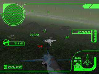 24.BMP – a screenshot from a beta version of Ace Combat 3: Electrosphere, showing the R-101 dogfighting an EC-17U