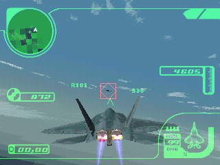 25.BMP – a screenshot from a beta version of Ace Combat 3: Electrosphere, showing F-22C dogfighting an R-101