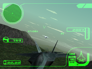 27.BMP – a screenshot from a beta version of Ace Combat 3: Electrosphere, showing the F-22C dogfighting an XFA-36A