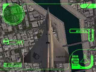 36.BMP – a screenshot from a beta version of Ace Combat 3: Electrosphere, showing the EF-2000E above Expo City