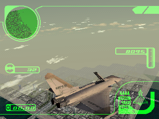 37.BMP – a screenshot from a beta version of Ace Combat 3: Electrosphere, showing the EF-2000E above Expo City
