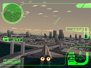 39.BMP – a screenshot from a beta version of Ace Combat 3: Electrosphere, showing the EF-2000E above Expo City