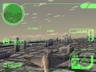 40.BMP – a screenshot from a beta version of Ace Combat 3: Electrosphere, showing the EF-2000E above Expo City
