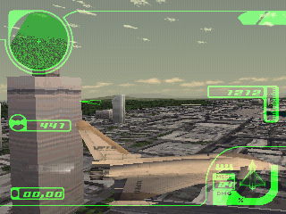 42.BMP – a screenshot from a beta version of Ace Combat 3: Electrosphere, showing the EF-2000E above Expo City