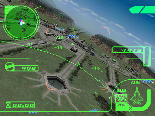 43.BMP – a screenshot from a beta version of Ace Combat 3: Electrosphere, showing the cockpit view from a F-15S/MT above Comona Island