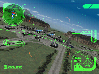 44.BMP – a screenshot from a beta version of Ace Combat 3: Electrosphere, showing the cockpit view from a F-15S/MT above Comona Island
