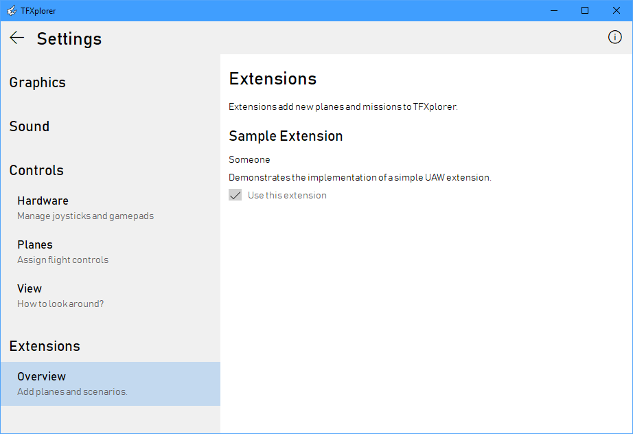 UAW displaying SampleExtension in its extensions list.
